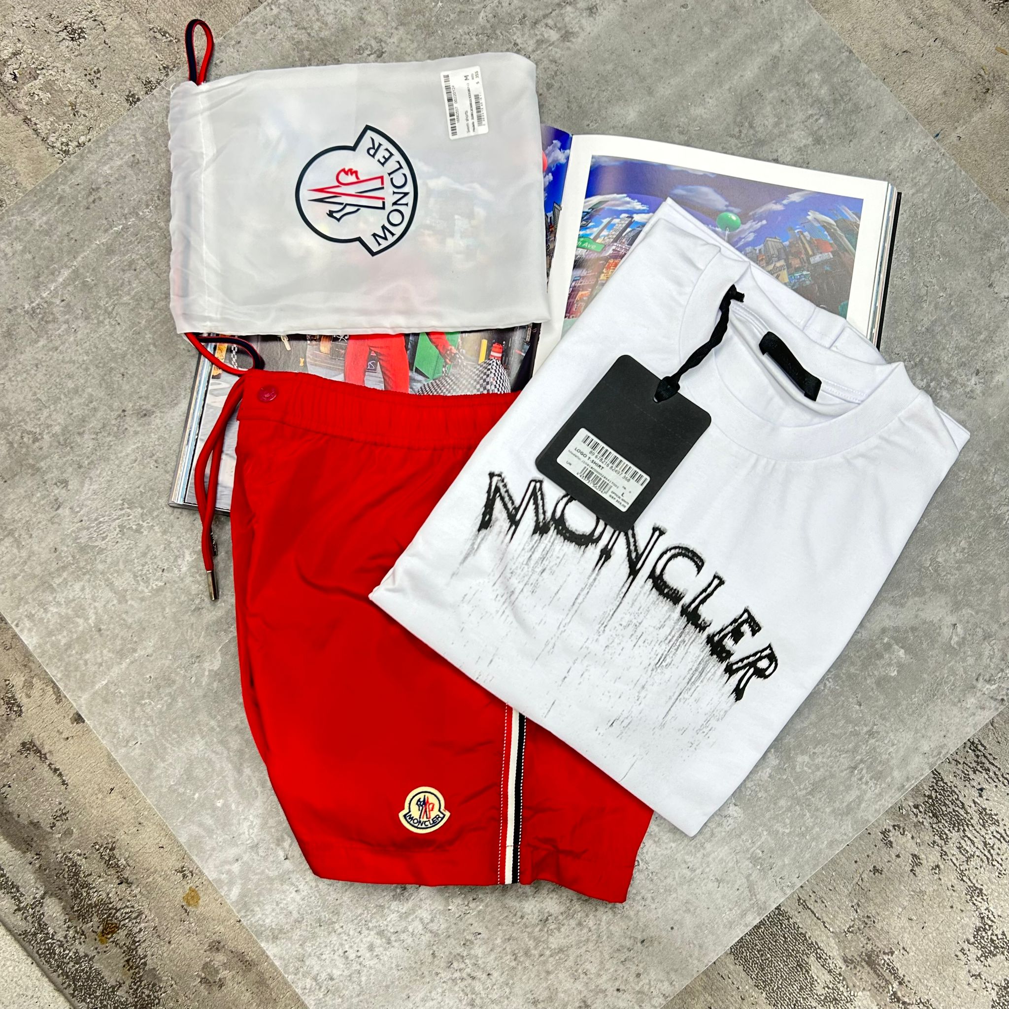 MONCLER - STRIPE BAGGED SWIMS - RED