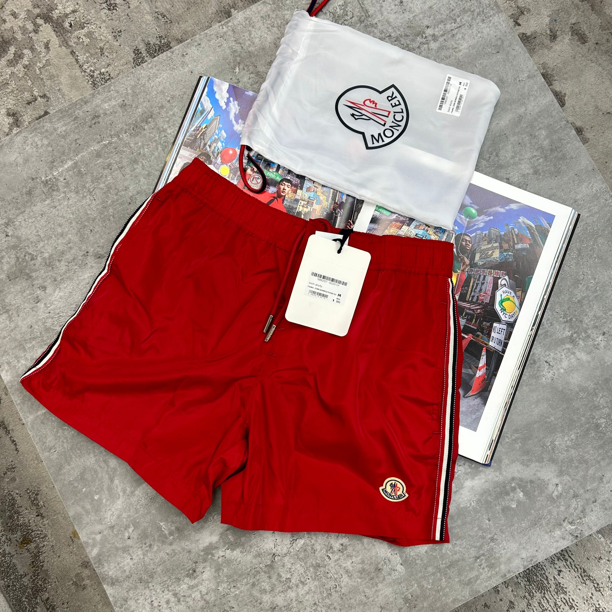 MONCLER - STRIPE BAGGED SWIMS - RED